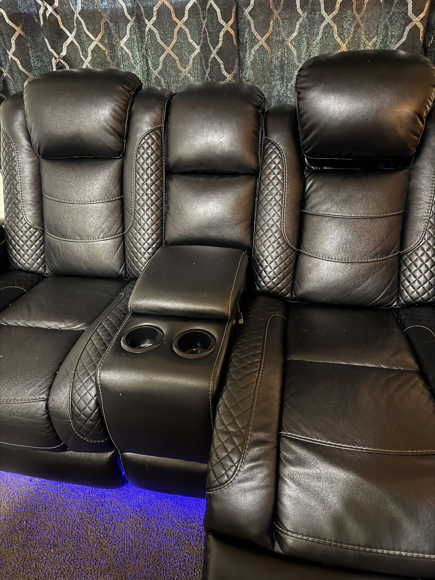 Black Leather LED Charging Sofa, Loveseat, And Recliner
