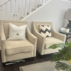 Two Beige Accent Chairs With Studded Trimming 