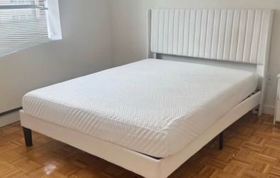White Queen Size Bed Frame with Headboard + mattress