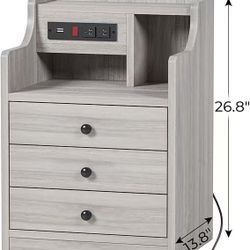🥨1Pcs Nightstand with Charging Station, Night Stand with Hutch & Storage Drawers, End Table Side Table Bedroom,Grey