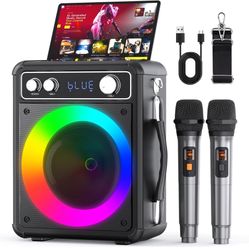 Karaoke Machine, Portable Bluetooth Karaoke Speaker with 2 Wireless Microphones, PA System for Adults Kids with LED Lights & Echo Adjustment, Supports