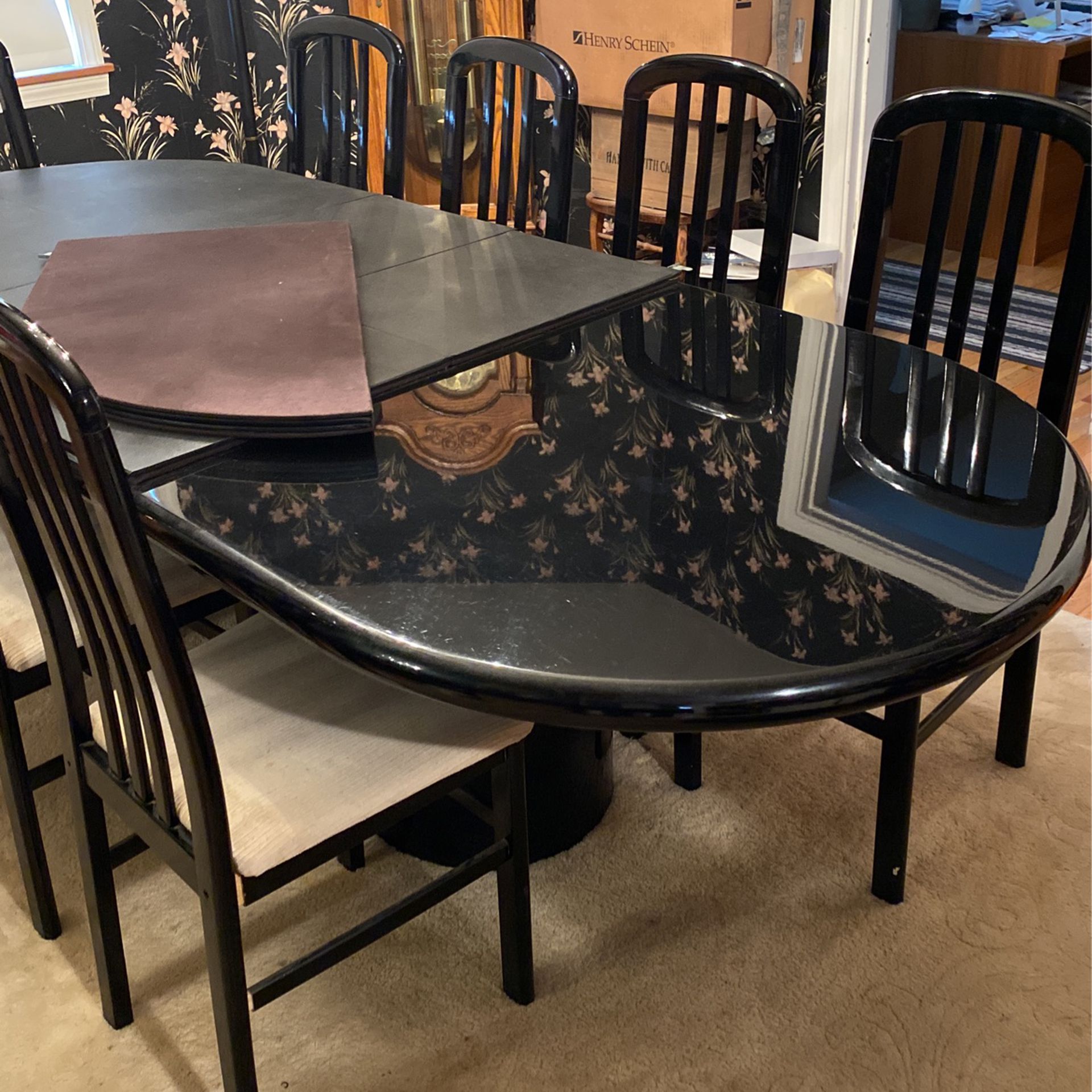 Black Lacquer Dinning Room Set Imported From Italy  Full Length Is 103” . It Has Two15.5 Leaf’s that Are Removable. It Also has custom made pads  That