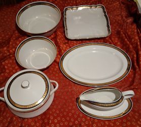 White Porcelain Dinnerware Set with Gold and Blue Band