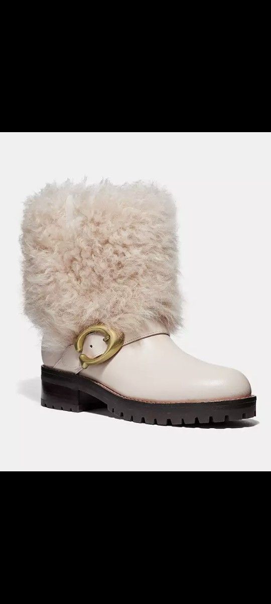 Coach Leighton Bootie Chalk White Buckle Shearling leather boots NWOB 37.5 7
