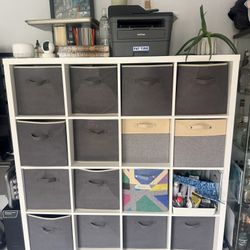 IKEA KALLAX White 16-Cube Storage Shelf with 4 Gray Baskets 