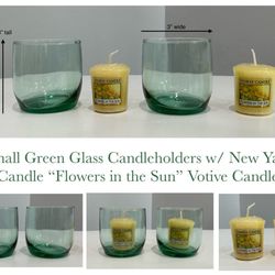2 Small Green Glass Candleholders w/ New Yankee Candle “Flowers in the Sun” Votive Candles