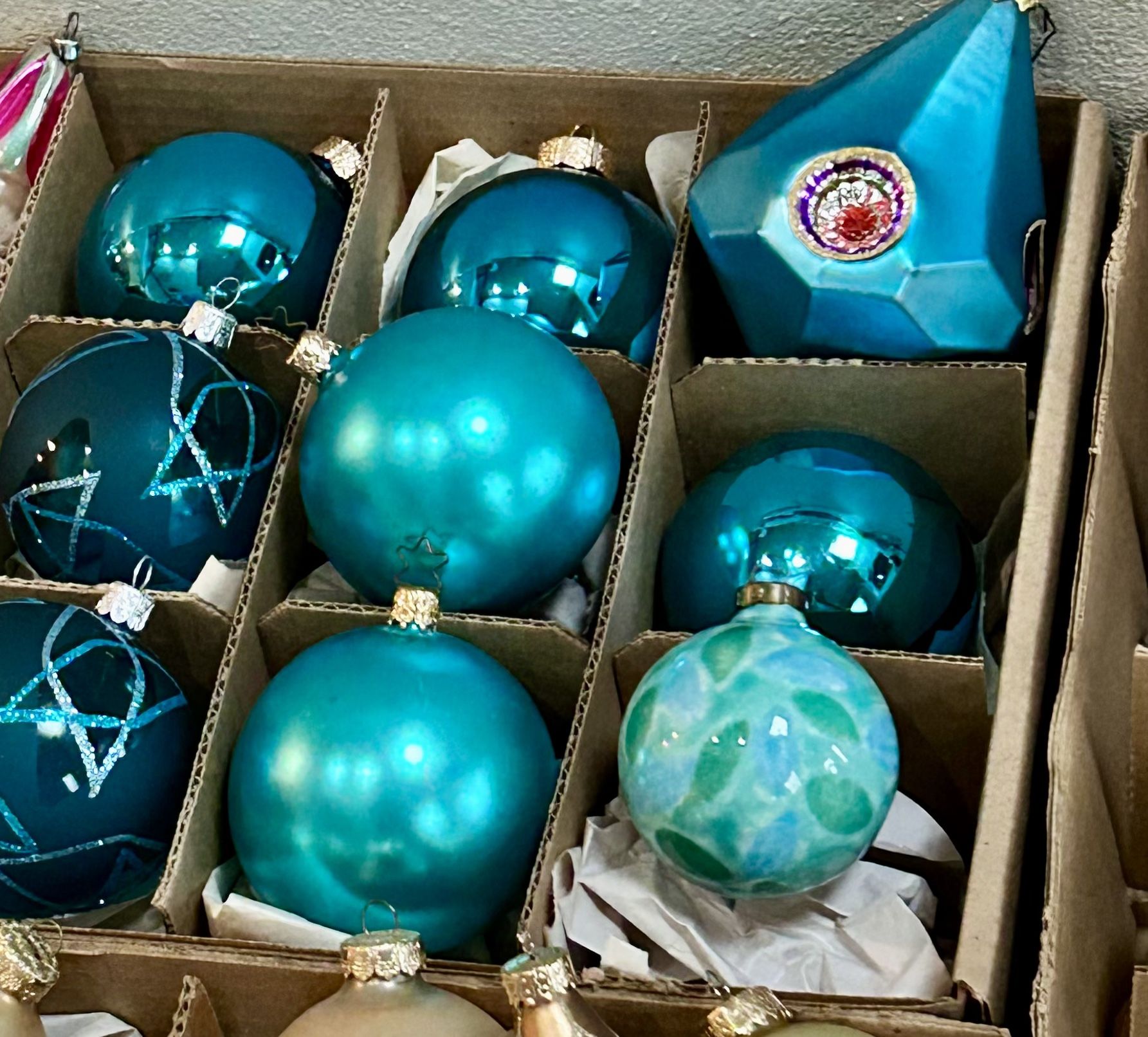 Teal Glass Ornaments (4 Sided Indent Jeweled) Inge Glass End Of Day Ceramic 9 Ornaments