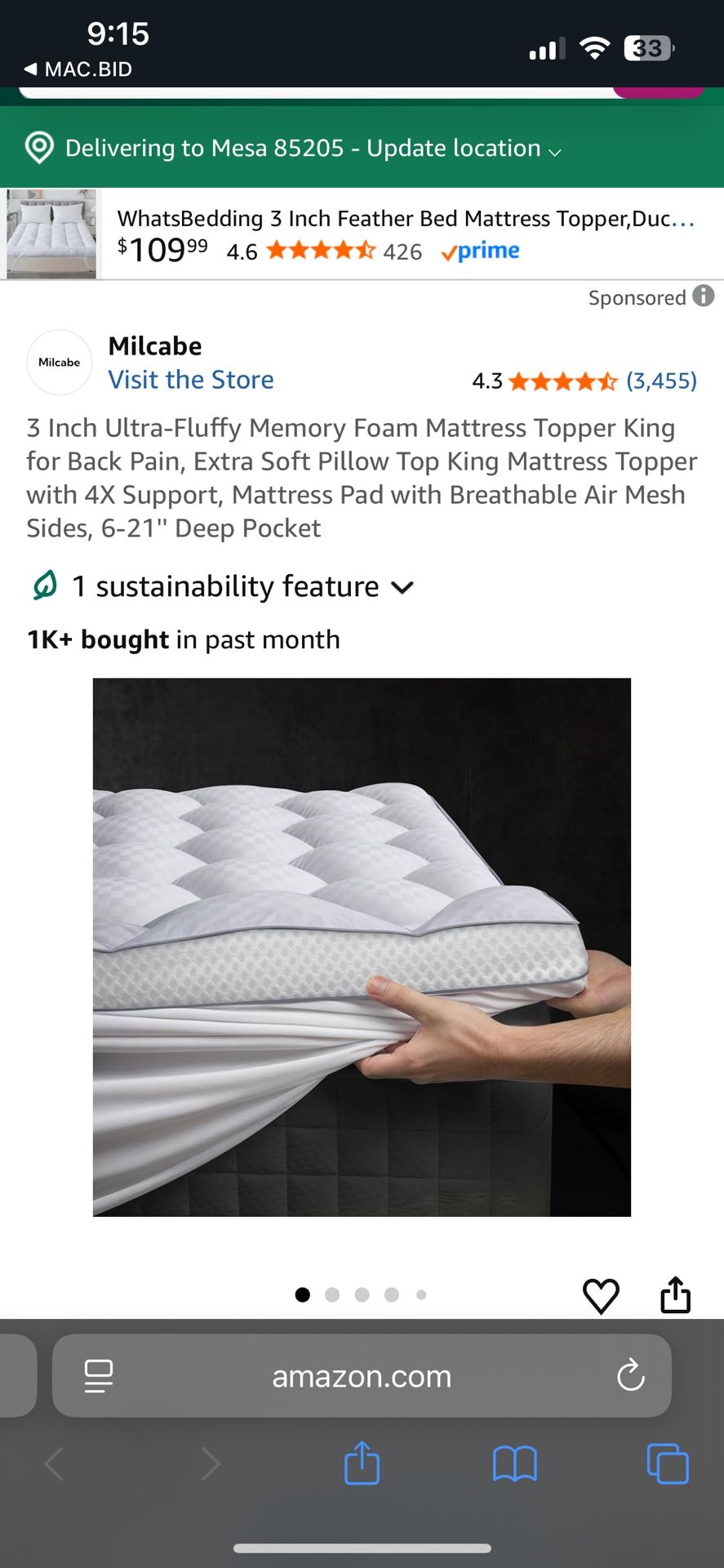 Milcabe King Size 3” Extra Fluffy Memory Foam Mattress Topper