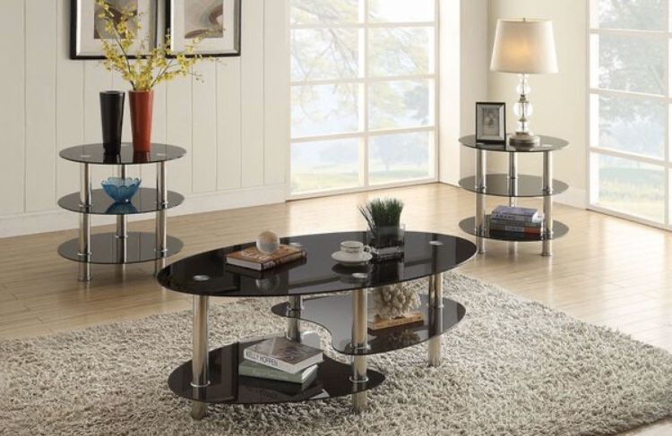 3pcs coffee table set/black tempered glass