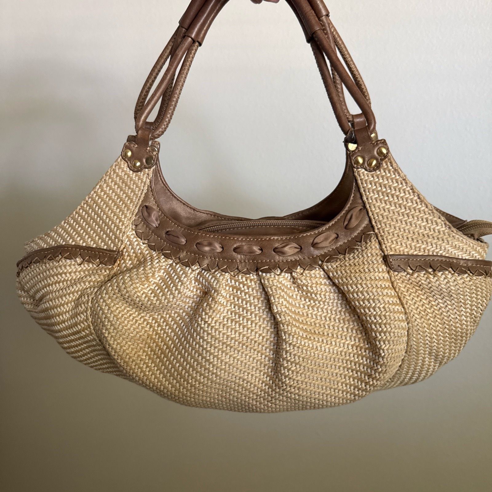 Cole Haan Sarah Bronze Straw Satchel Bag Boho Chic Beach Purse Woven Tote