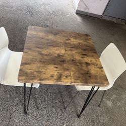 Rustic Wood Dining Table Set with 2 White Chairs