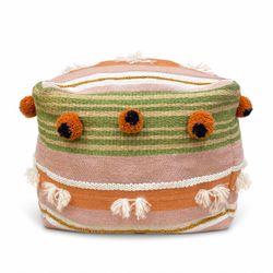 Handwoven Boho Pouf Ottoman with Pom Poms & Tassel Detail