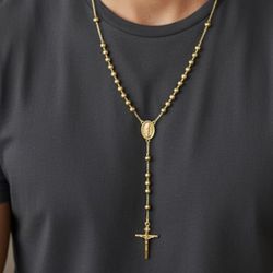 Catholic Rosary Pray Beads Necklace  Virgin Mary Cross  14k Gold Plated