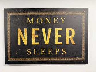 Large 48” x 32” Money Never Sleeps Canvas Wall Art – Black & Gold