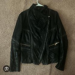 Guess Biker Motorcycle Jacket Outdoor Black Faux Leather Faux Fur Trim Size XS