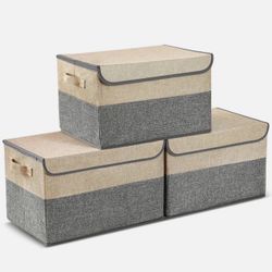 3Pcs Large Storage Bin w/ Lids Foldable Storage Box for Toys Clothes & Book Grey 15.7 x 11 x 9.84 inch