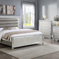 4pc Bedroom Set $1199 Queen $1299 Eastern King Includes bedframe Dresser mirror nightstand Silver Mirrored Bedroom Set