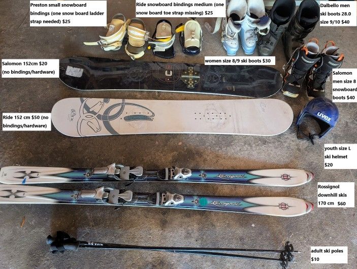 Women Men snowboard, snow skis, poles, ski/board boots(8/9/10), youth helmet, small/medium bindings