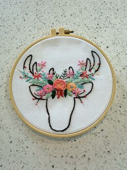 Floral Deer Embroidery Hoop Art