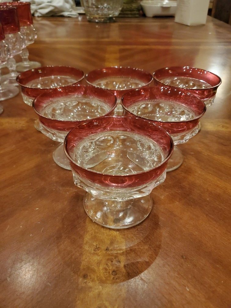 Cranberry Ruby Red Kings Crown Thumbprint Indiana Glass Sherbet Sherbert Glasses Dishes Bowls