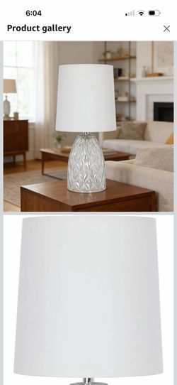 Brand: BLWASTG 12.75" Mini Clear Glass Table Lamp with White Fabric Shade, Home Desk Light Essential 40 10$