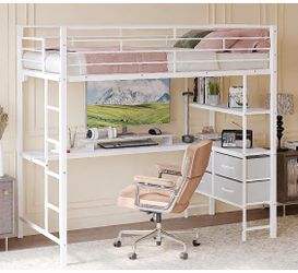 Metal loft twin bed with desk and mattress