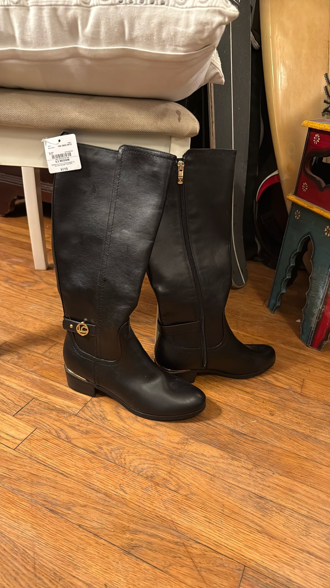 Brand New Leather Zip Up Riding Boots With Gold Accents