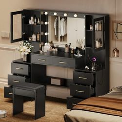 UGTOO 58.3" Large Vanity Desk with LED Lights & Stool, Black Makeup Dressing Table with Adjustable Brightness, Modern Bedroom Vanity Set with Mirror &