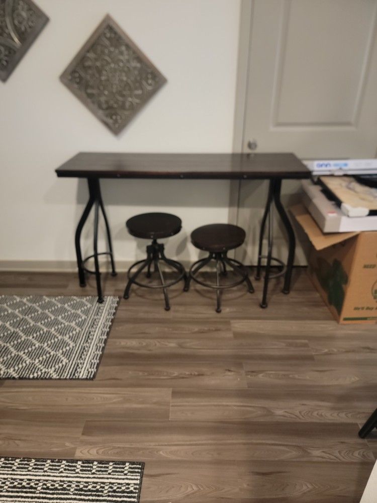 Brown Bar Table & Two Bar Stools 