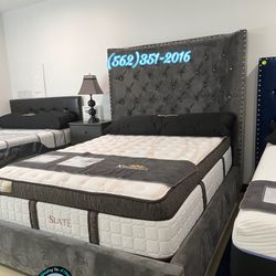 Queen Deluxe Diamond Bed Frame Grey 