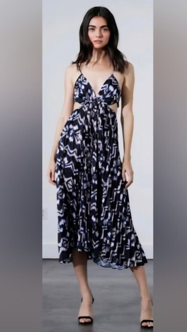 NWT Karina Grimaldi Serena Print Dress In Black Open Back