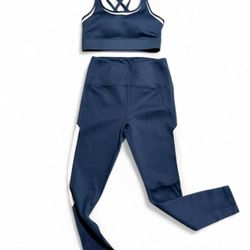 Zyia Active Navy Blue White Stripe Workout Set Sports Bra M Leggings L NWT