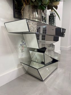 Modern Geometric Mirrored Console Table and Wall Mirror Set.