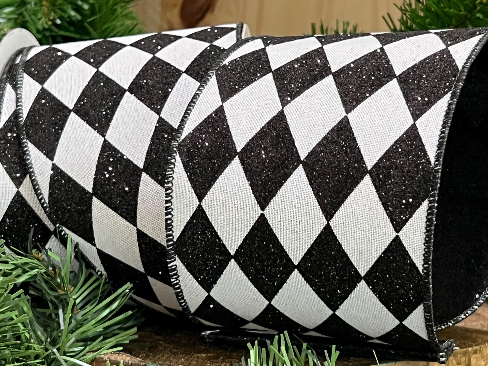 4 inch 30 Feet Black & White Glitter Harlequin Wired Edge Ribbon Crafts 10 Yards