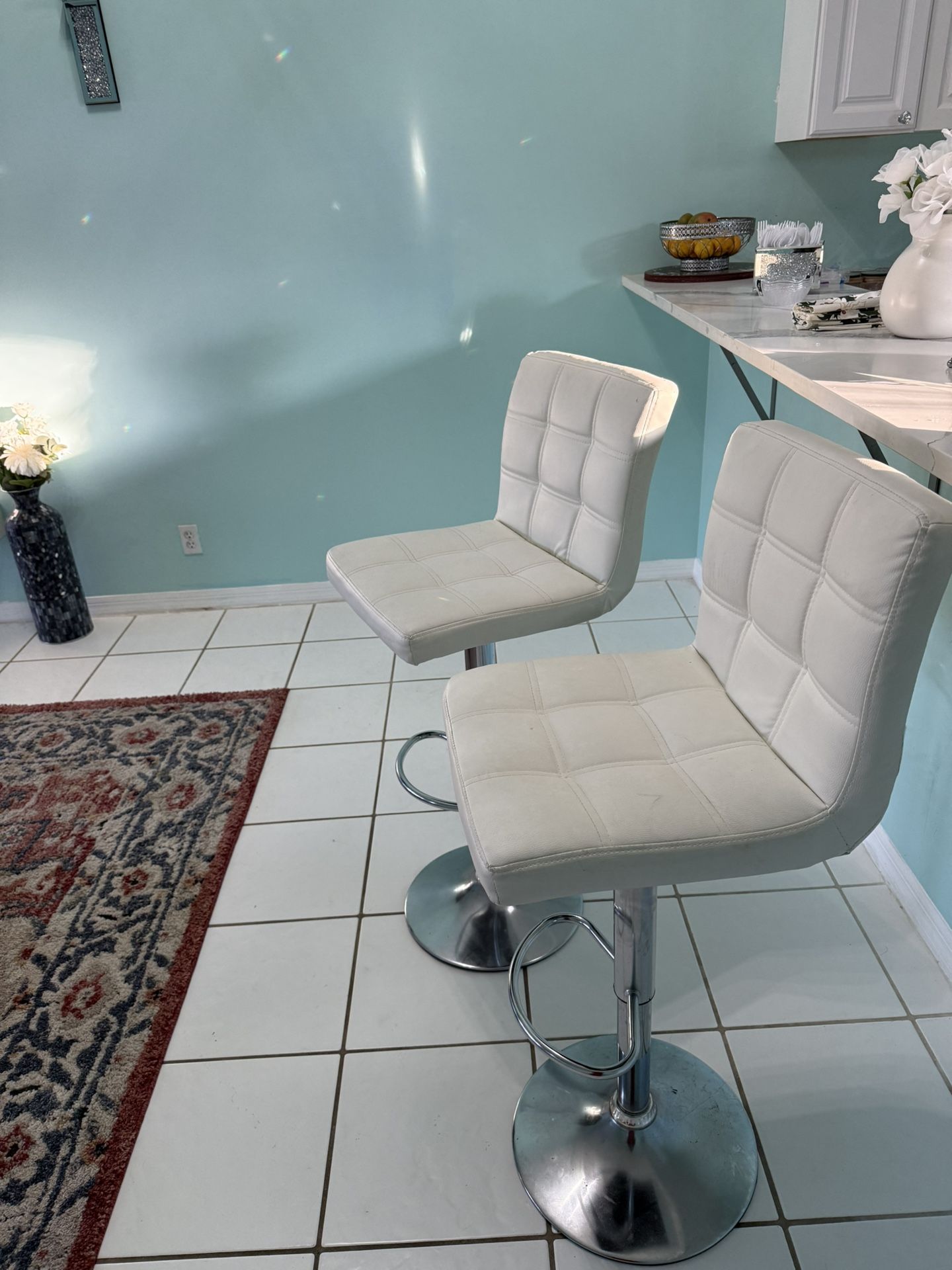 2 White Leather Bar Stools