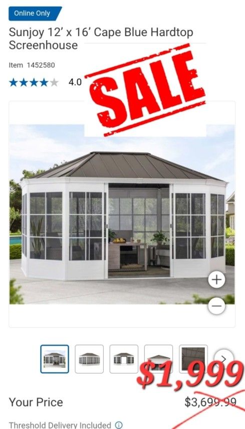 Sunjoy 12’ x 16’ Cape Blue Hardtop Screenhouse $1,999