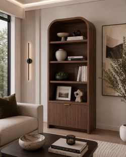 Bookcase with Drawer, 70" Tall 5-Tier Bookshelf with Fluted Carved Drawer, Freestanding Display Storage Cabinet for Living Room Home Office (Walnut)