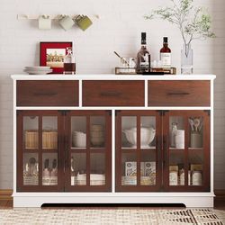 Buffet Cabinet with Storage, 55" Large Sideboard Buffet Storage with LED Lights, Farmhouse Coffee Bar Wood Liquor Cabinet for Kitchen, Dining Room, Re