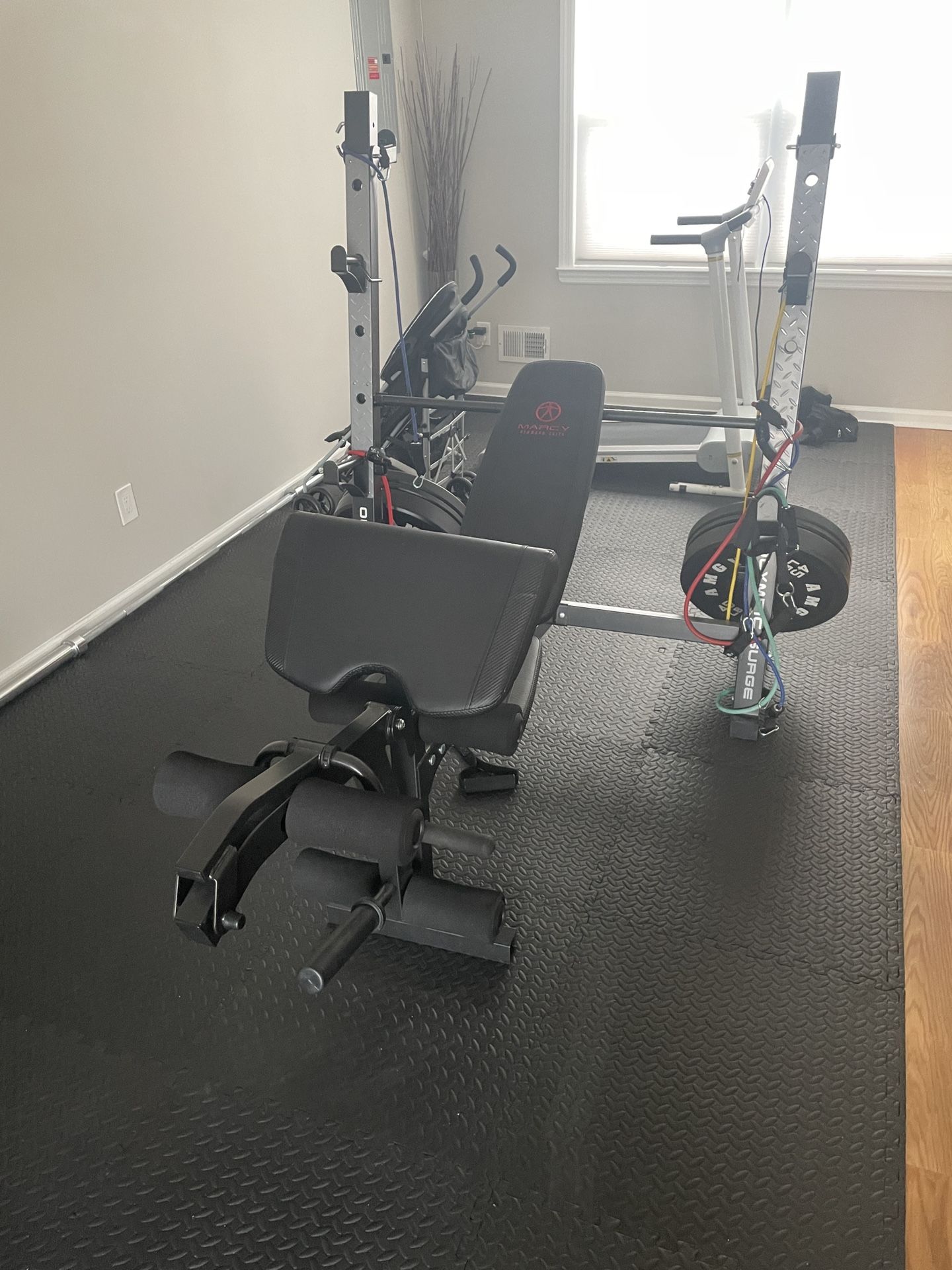 Bench Press With Leg Extension & Bicep Curl Weights  Bar 