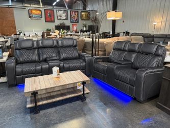 Top Grain Leather Motion Power Reclining Sofa With Heat Massage USB LED Lights