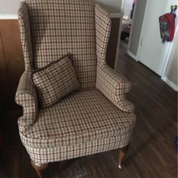 Plaid Antique Chair W/ Pillow