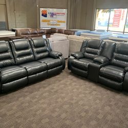 Black Leather Reclining Sofa Set 