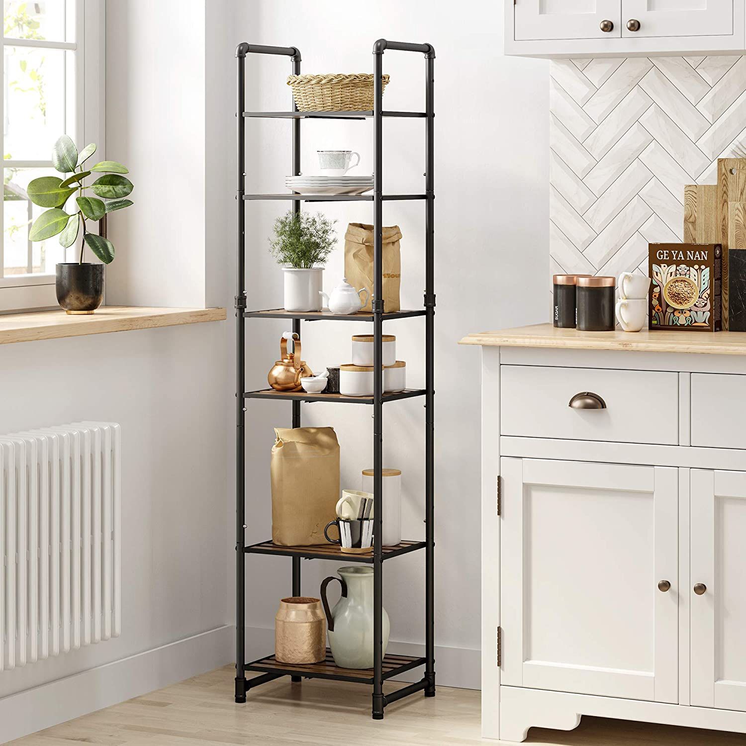 6-Tier Storage Rack, Freestanding Bathroom Kitchen Shelf, Plant Stand with Steel Pipes and Adjustable Shelves