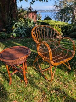 Vintage Palecek Rattan Table & Mid-Century Scoop Chair Set - Cushions Included