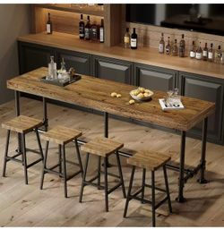 New assembled 70.9-Inch Long Solid Wood Bar Table for 6-8 People, Industrial Narrow Counter Height Pub Table with Metal Footrest, Rectangular High Top