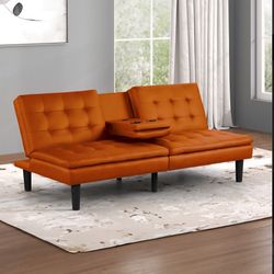 Futon Sofa Bed Orange Leatherette, USB-A and USB-C Charger. New Especial Price