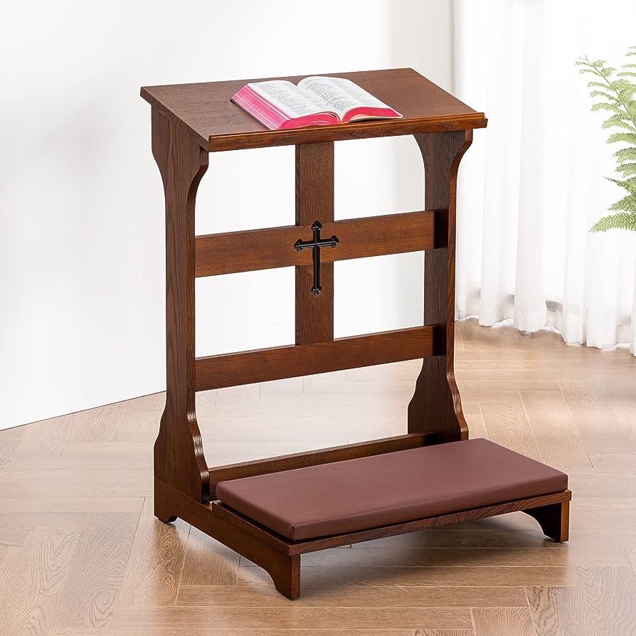 Prayer Bench Stool, Padded Kneeling Stool for Prayer, Wooden Church Prayer Bench Stool Table with Shelf and Cushion, Kneeling Shelf Prayer Bench for K