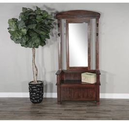 Wooden hall tree mirror and storage