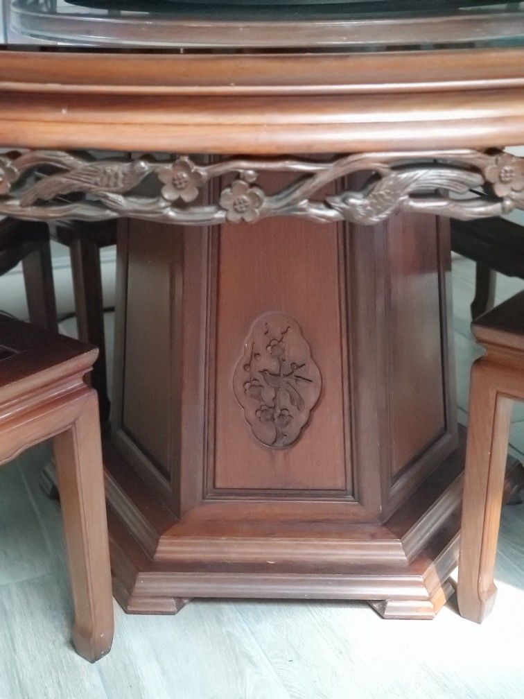 Dark Cherry Rosewood Flower and Bird Round Oriental Dining Set with 8 Chairs