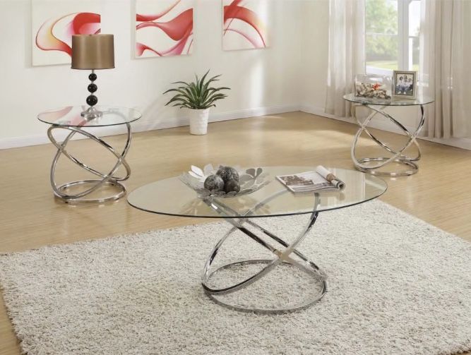 Occasional Coffee & End Tables Set Silver Tempered Glass